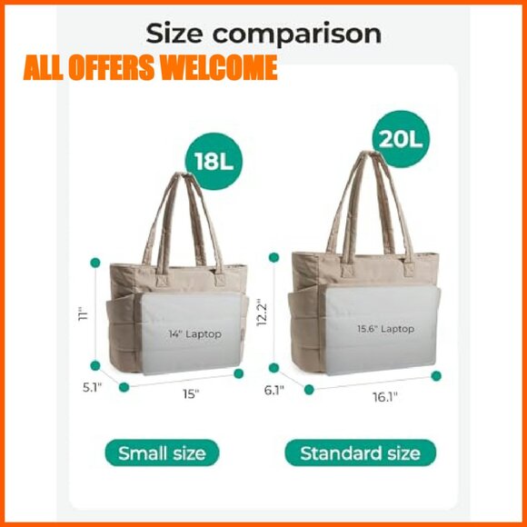 Lightweight Puffy Tote Bag with Compartments for Work Travel Gym - Picture 3 of 8